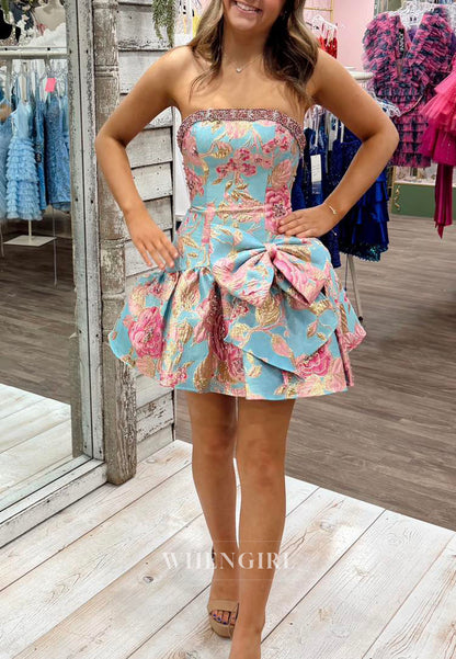 Strapless Floral Jacquard Homecoming Dress with Bow