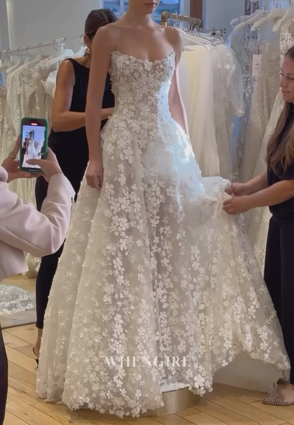 Strapless 3D Floral Applique Ball Gown Wedding Dress
