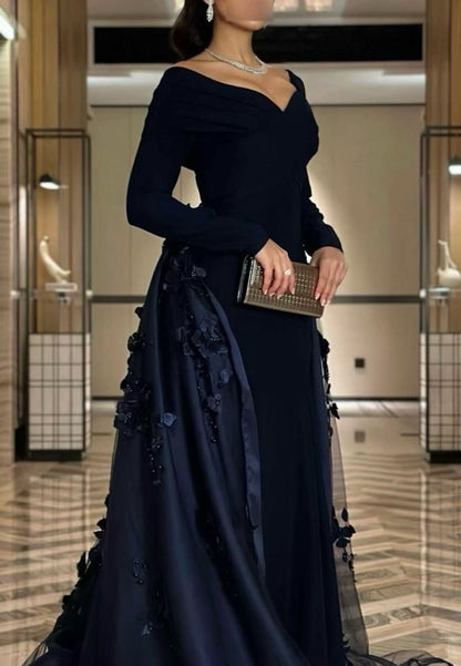 Off-Shoulder Long Sleeve Gown with 3D Florals