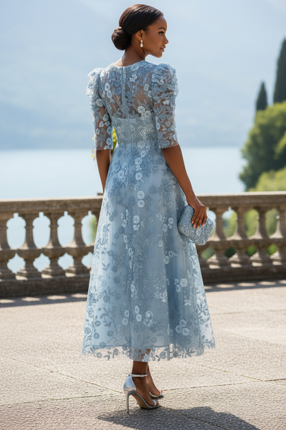 3D Floral Applique A-Line Midi Dress