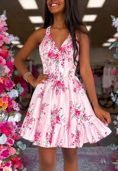 Floral Print Corset Mini Dress with Ruffled Hem