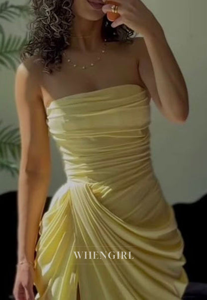 Strapless Ruched Maxi Dress with High Slit