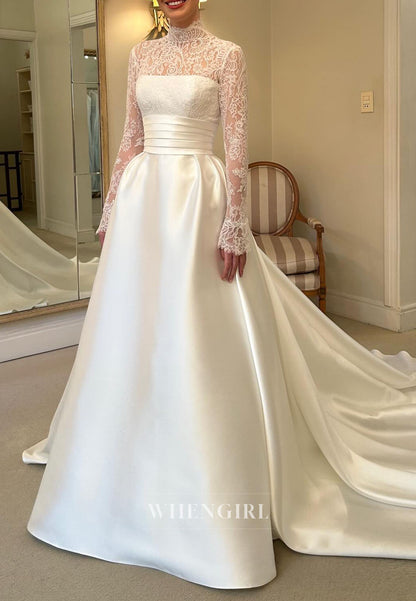 High Neck Lace Long Sleeve Satin Ball Gown Wedding Dress