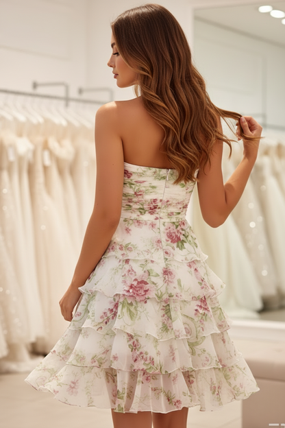 Strapless Tiered Floral Chiffon Mini Dress