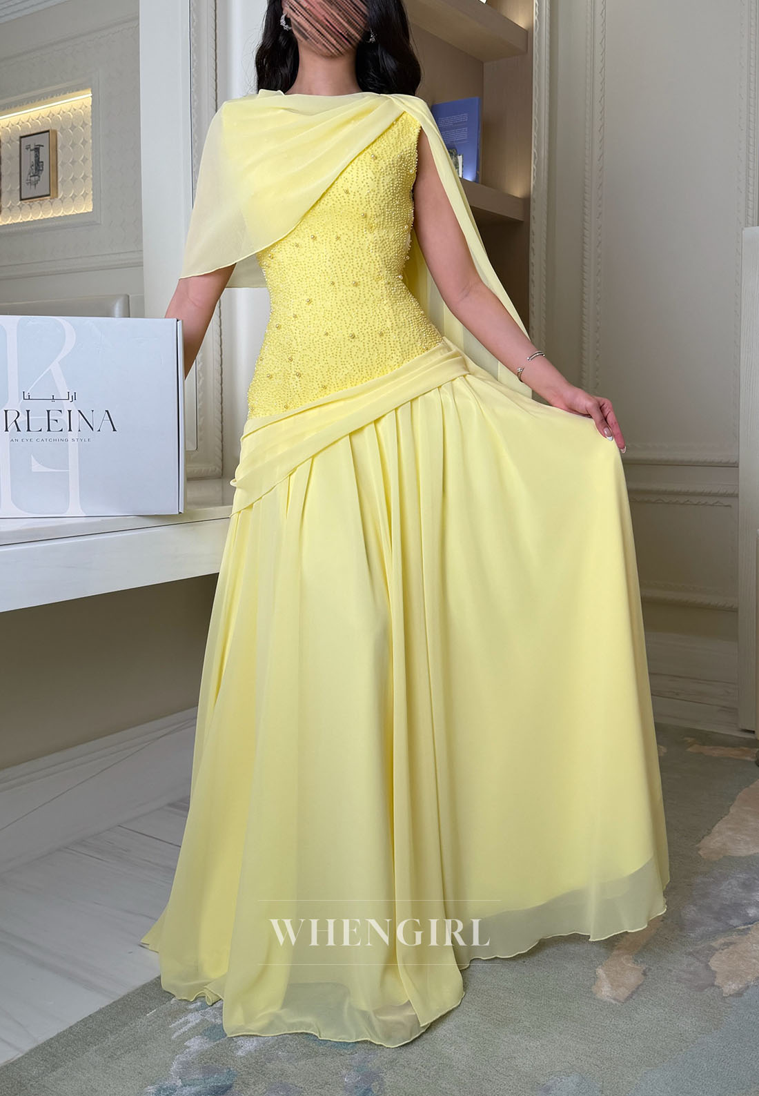 Beaded Bodice Evening Gown with Draped Shawl Cape