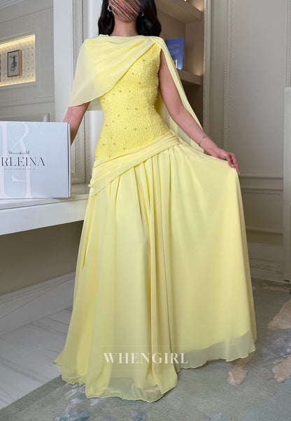 Beaded Bodice Evening Gown with Draped Shawl Cape