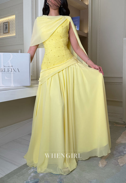 Beaded Bodice Evening Gown with Draped Shawl Cape