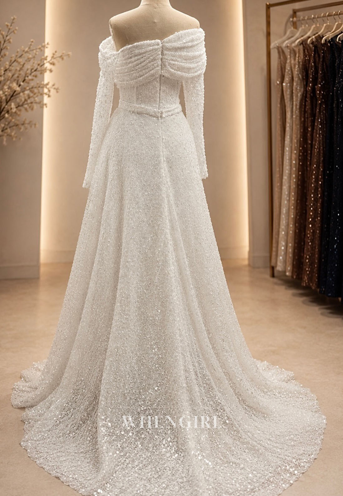 Sequined Off-the-Shoulder Gown with Overskirt
