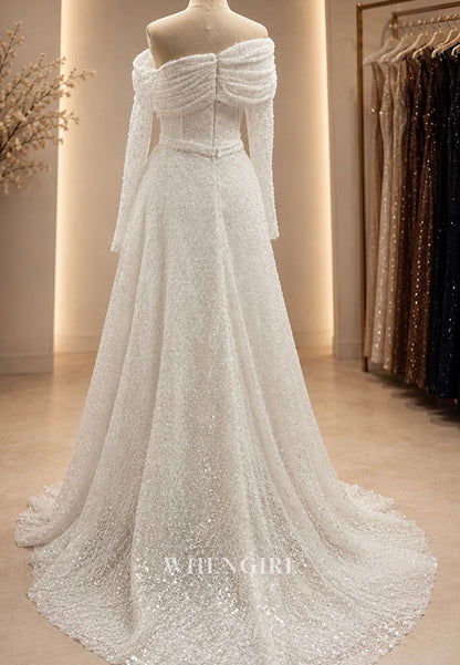 Sequined Off-the-Shoulder Gown with Overskirt