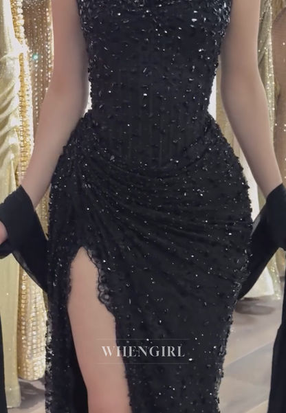 Strapless Beaded Corset Gown with High Slit