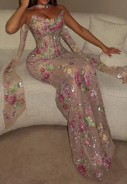 Embroidered Floral Corset Evening Gown
