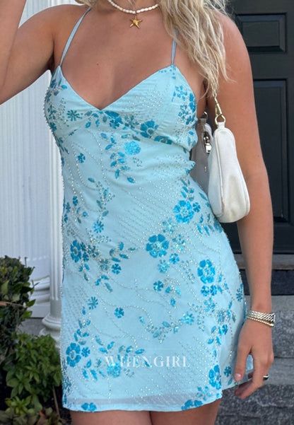 Sequined Floral Slip Dress with Lace-Up Back