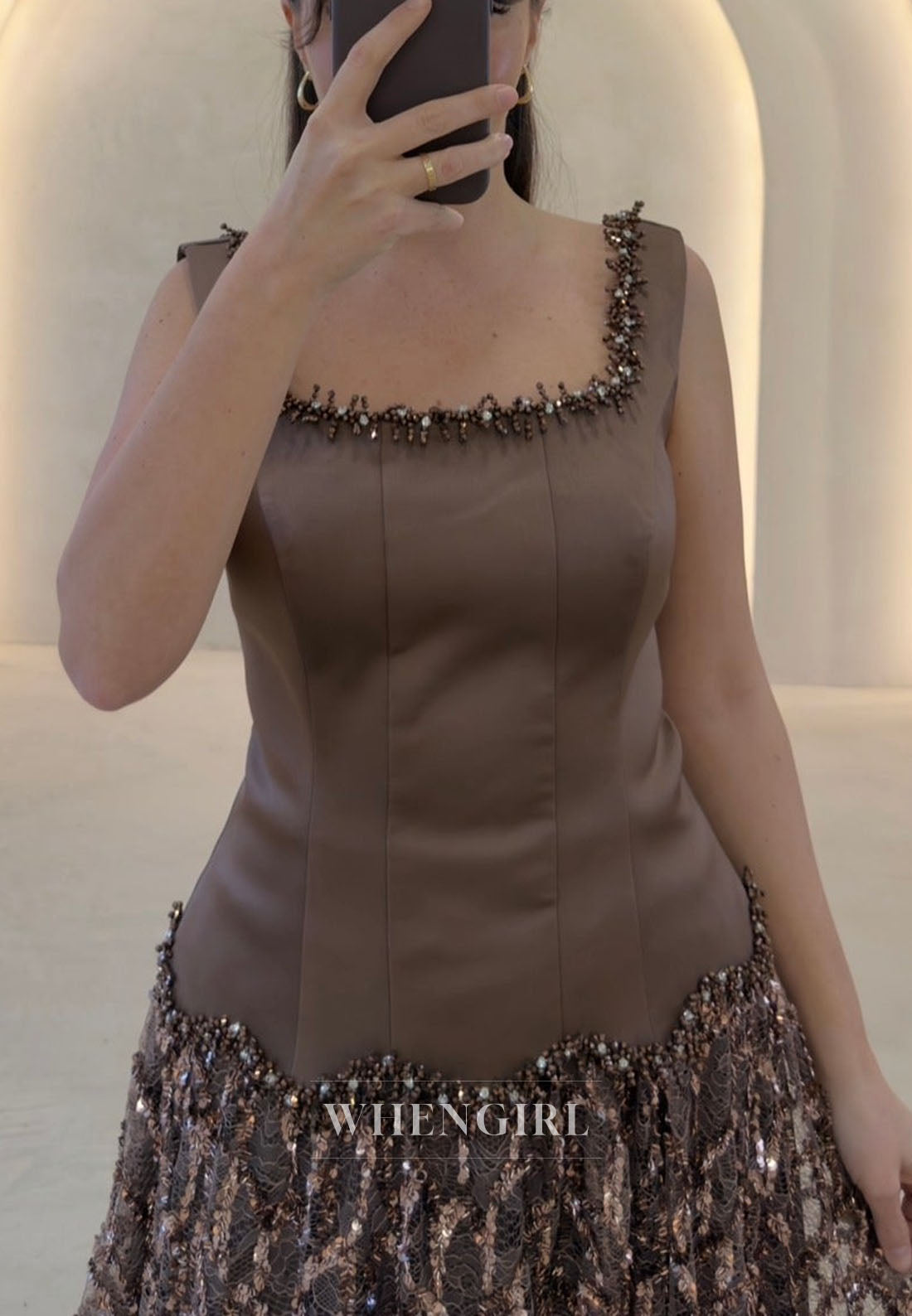 Square Neck Dropped Waist Sequin Evening Gown