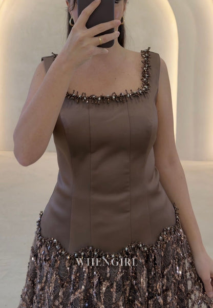 Square Neck Dropped Waist Sequin Evening Gown