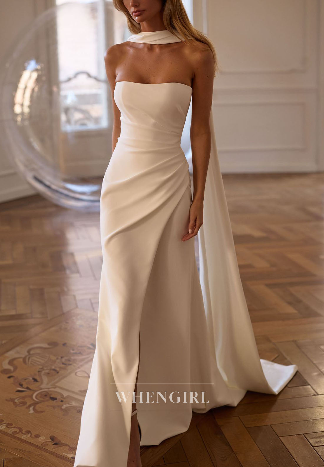 Strapless Ruched Wedding Gown with Scarf Cape