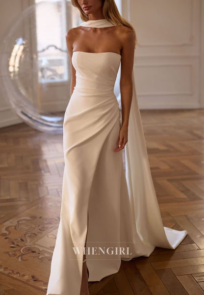 Strapless Ruched Wedding Gown with Scarf Cape
