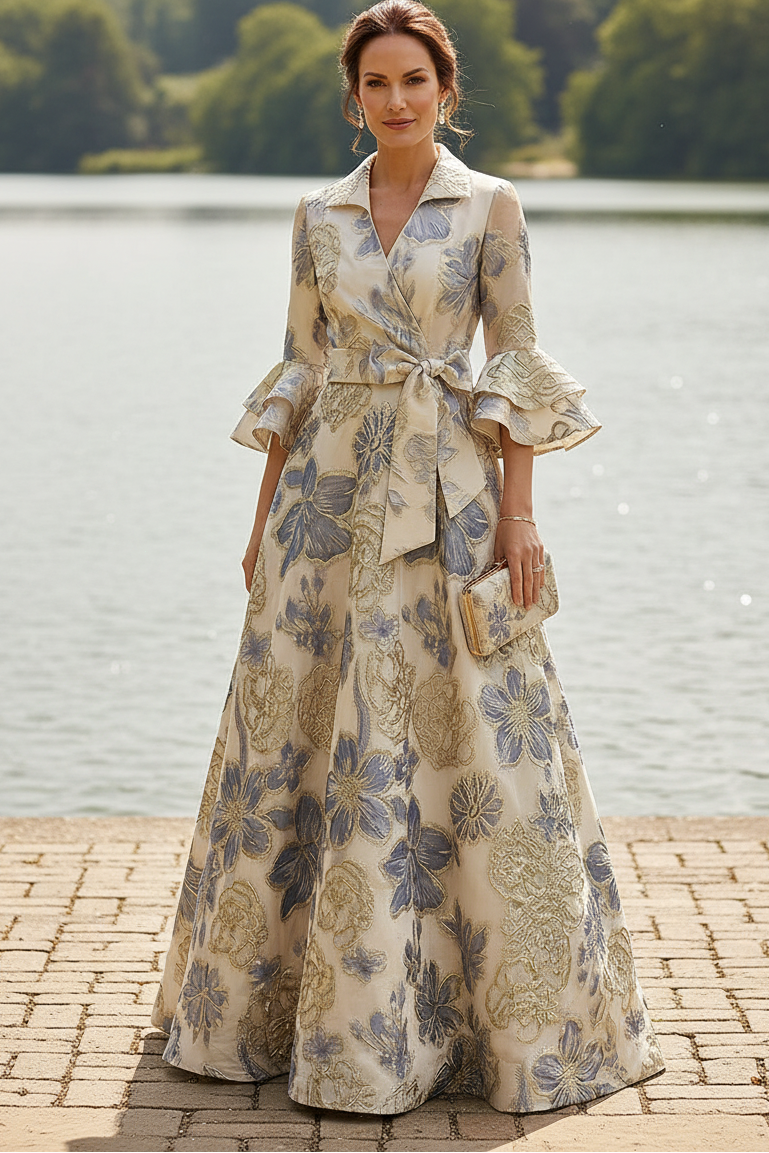 Floral Jacquard A-Line Maxi Dress with Ruffle Sleeves