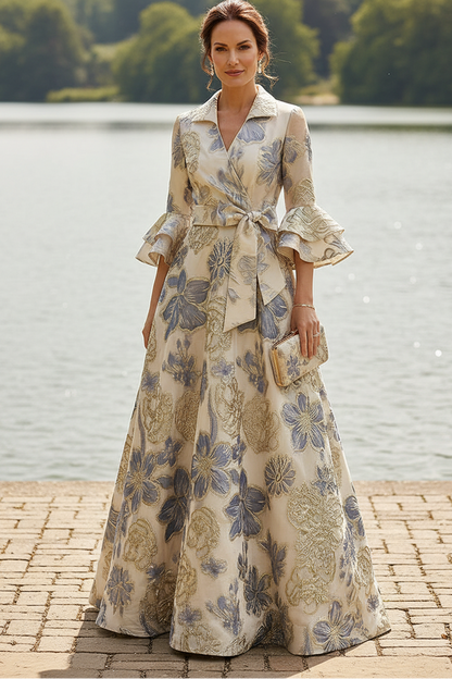 Floral Jacquard A-Line Maxi Dress with Ruffle Sleeves