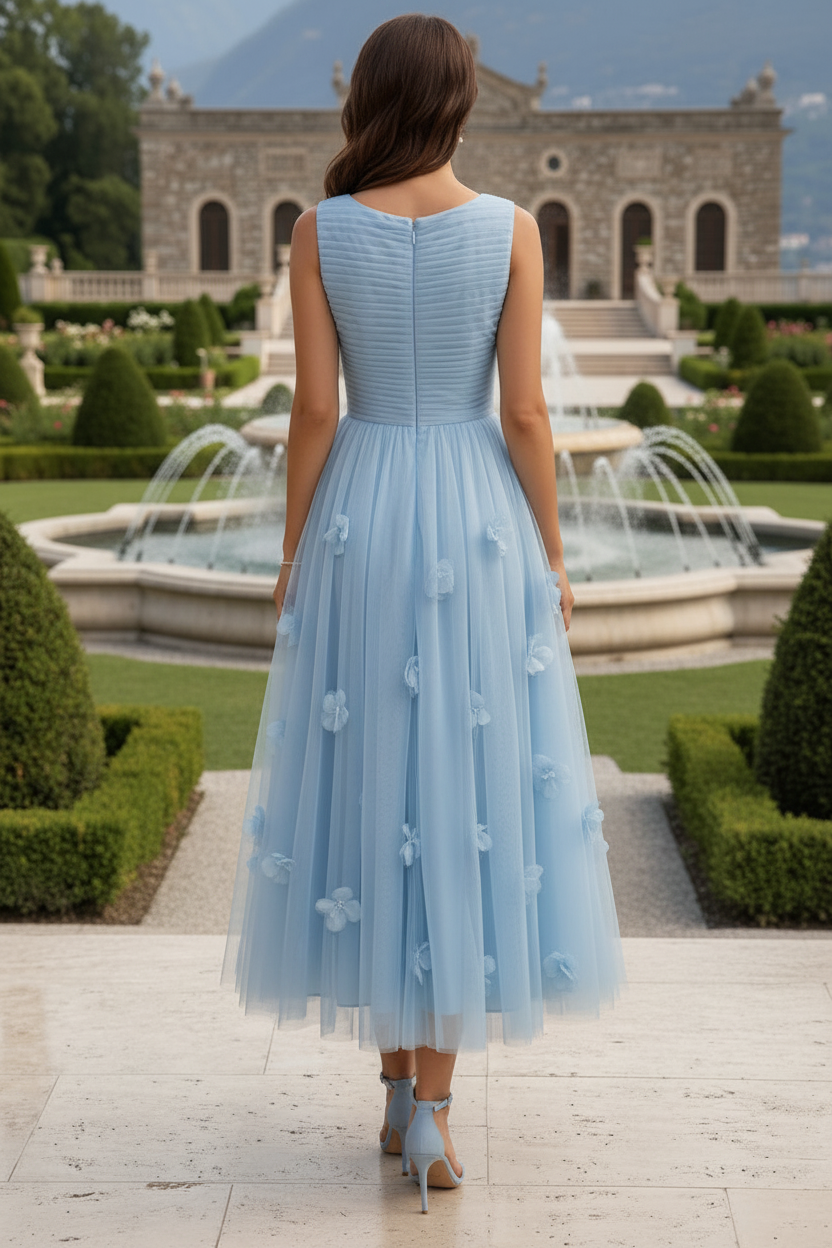A-Line Ruched Tulle Midi Dress with 3D Flowers
