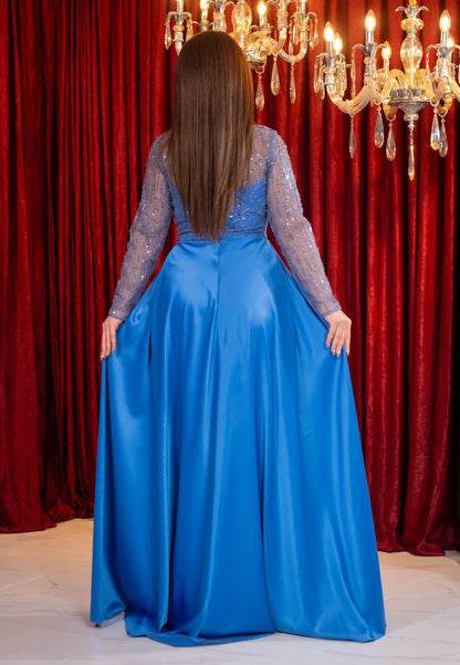 Sequin Sheath Gown with Pleated Bodice & Satin Overskirt
