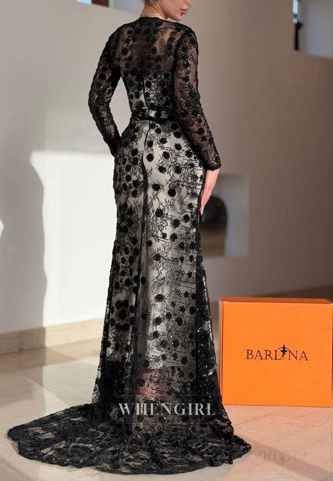 Floral Lace Long Sleeve Evening Gown with Train
