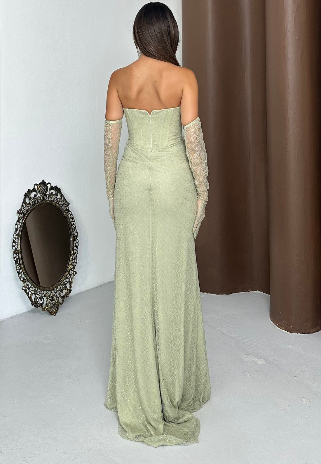 Strapless Lace Corset Gown with Slit and Gloves