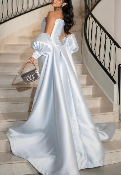 Satin Gown with Train and Puffed Sleeves