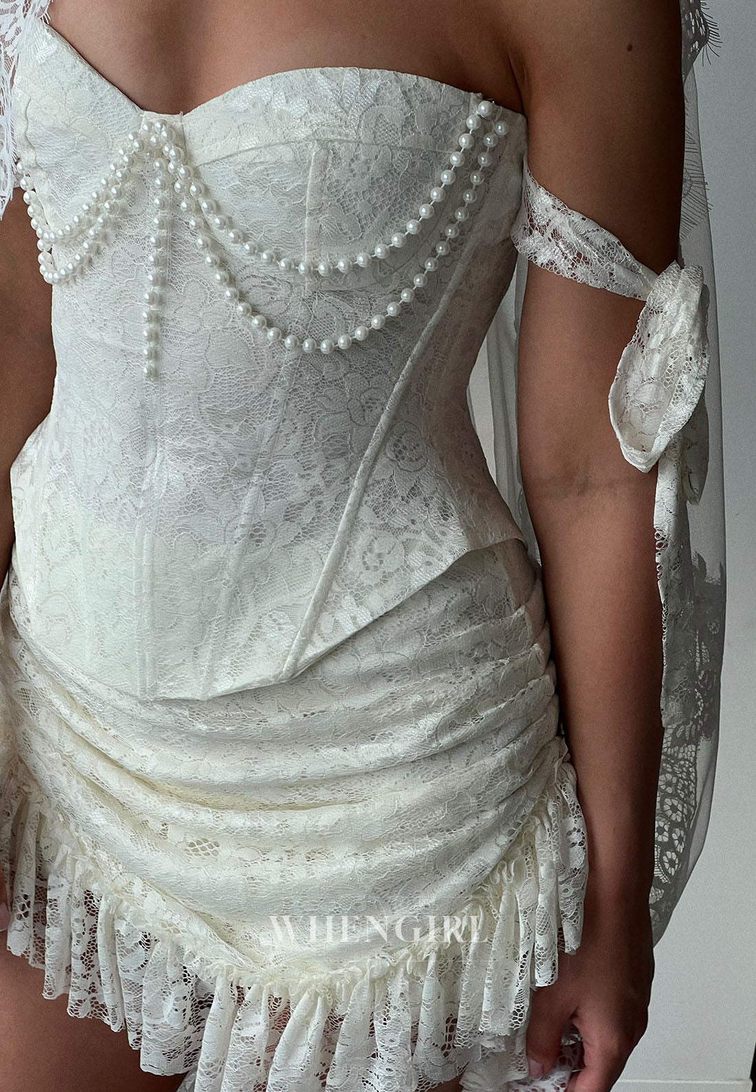 Lace Corset Mini Dress with Faux Pearls