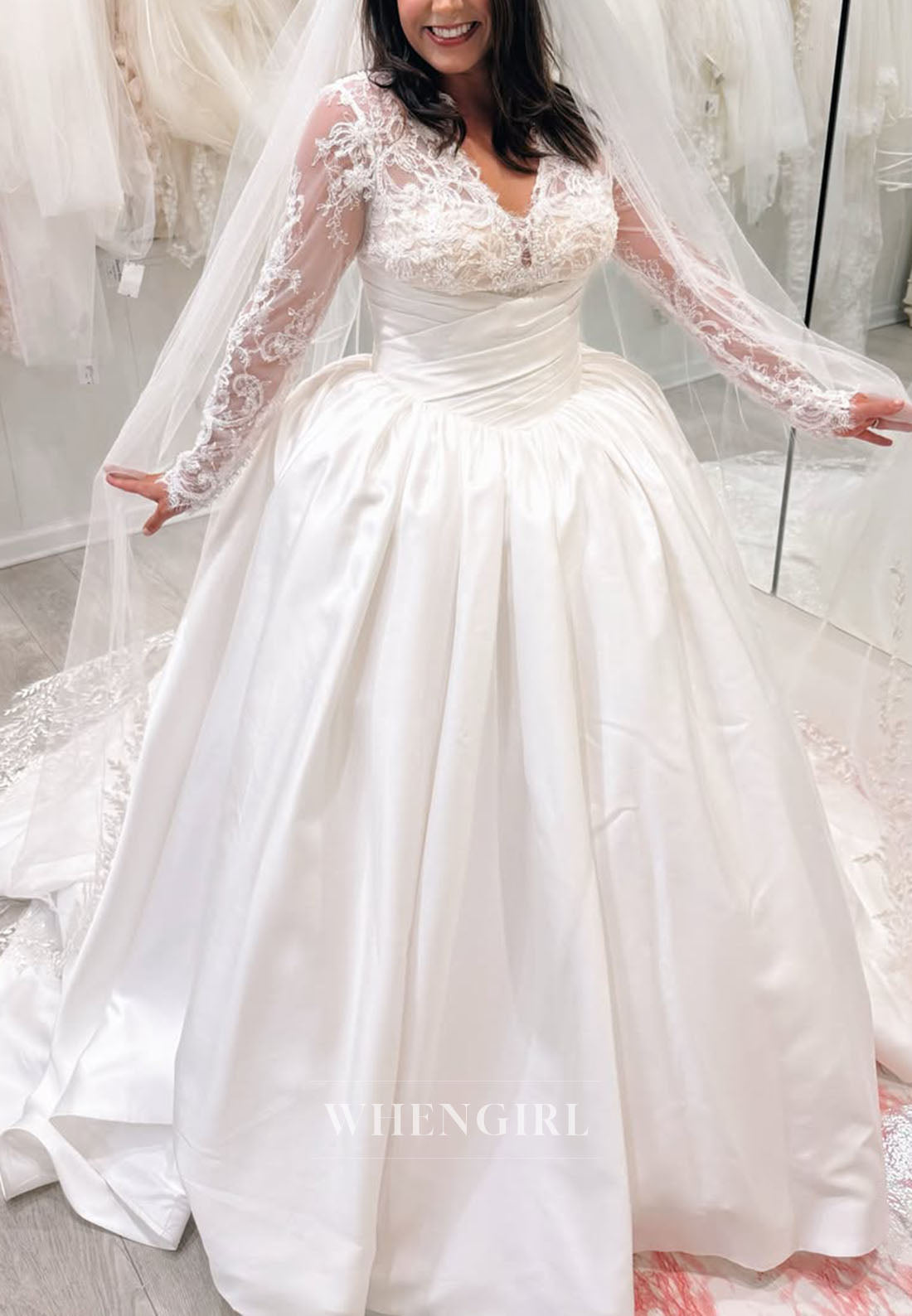 Lace Long Sleeve Ruched Satin Ball Gown Wedding Dress