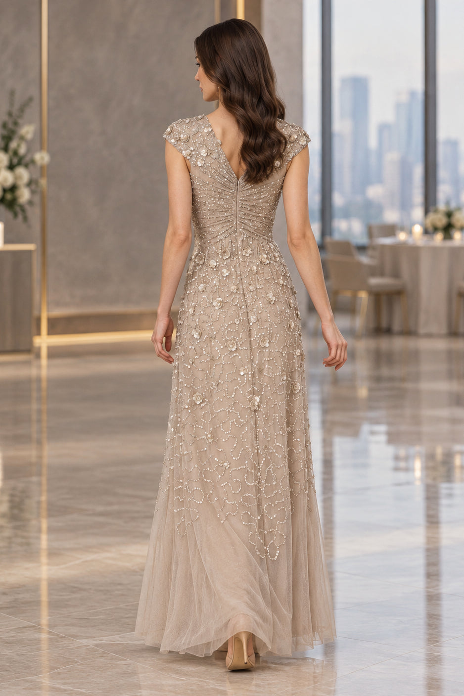 Beaded Floral Applique V-Neck Cap Sleeve Gown