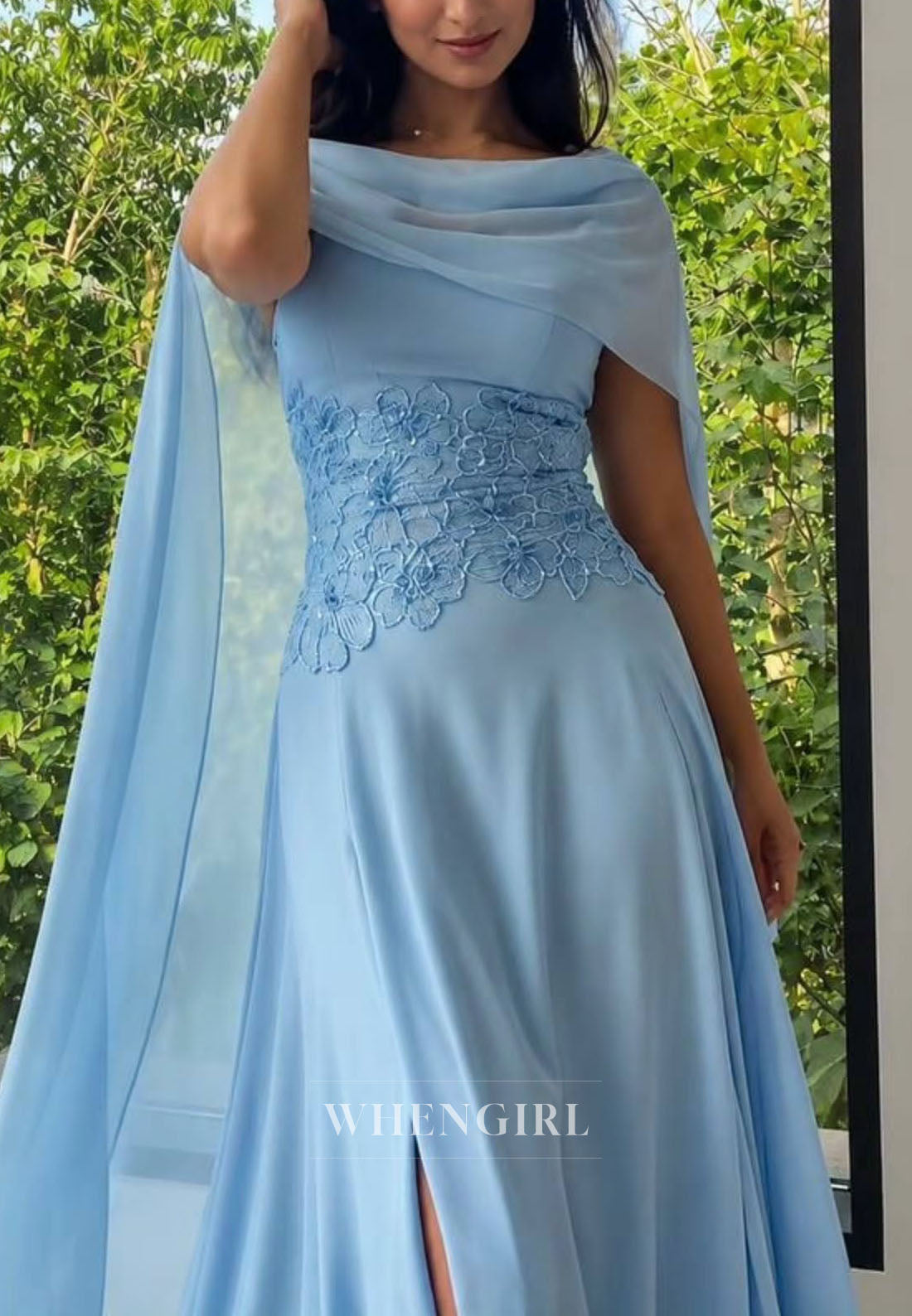 Chiffon A-Line Gown with Sequin Bodice & Cape
