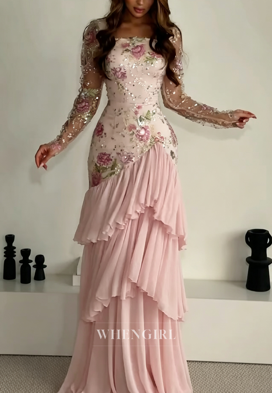 Embroidered Sequin Tiered Ruffle Gown