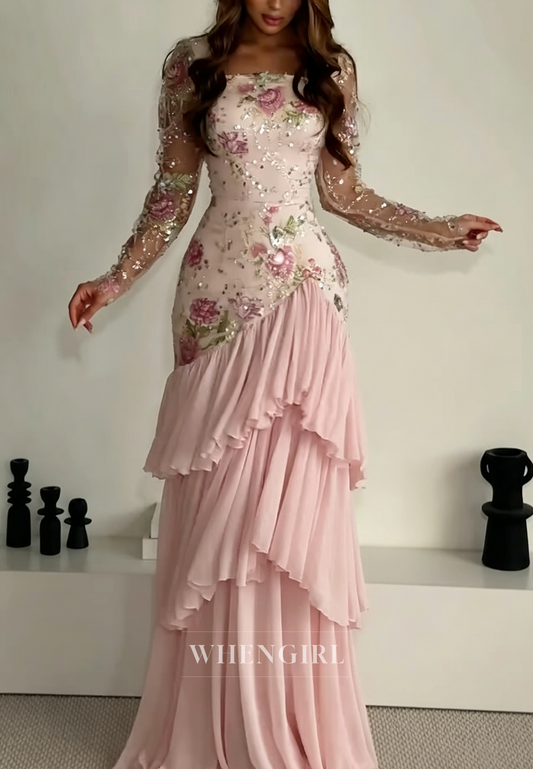 Embroidered Sequin Tiered Ruffle Gown
