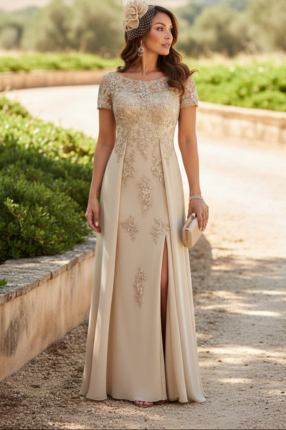 Lace Applique Gown with Slit and Keyhole Back