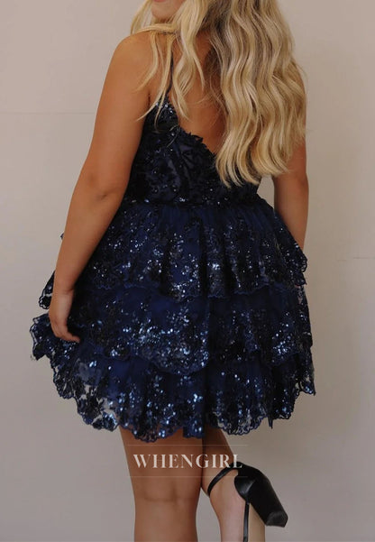 Spaghetti Strap Tiered Lace Corset Mini Dress