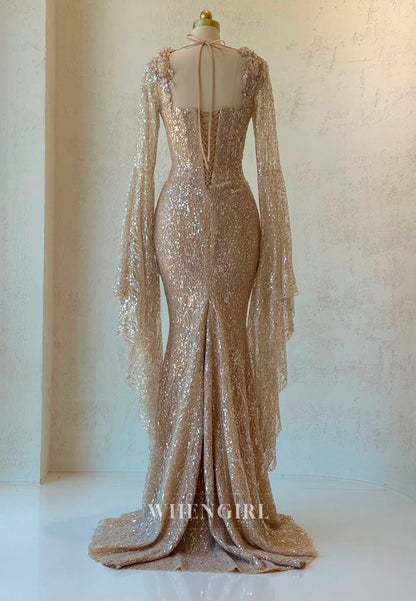 Sequined Mermaid Gown with Bell Sleeves