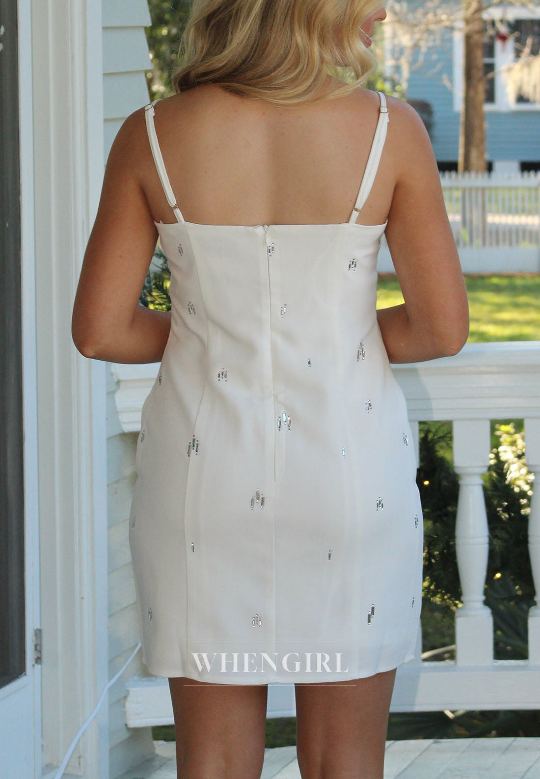 Square Neck Spaghetti Strap Embellished Mini Dress