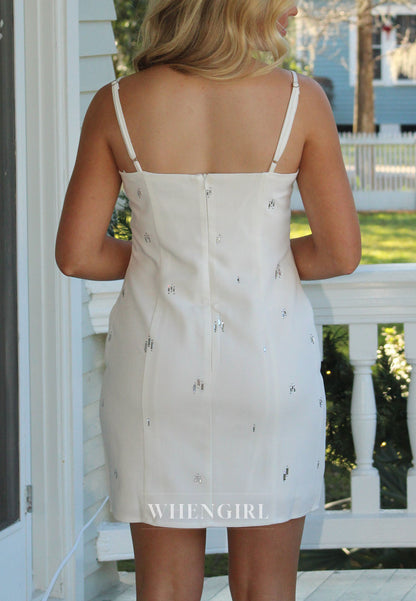 Square Neck Spaghetti Strap Embellished Mini Dress