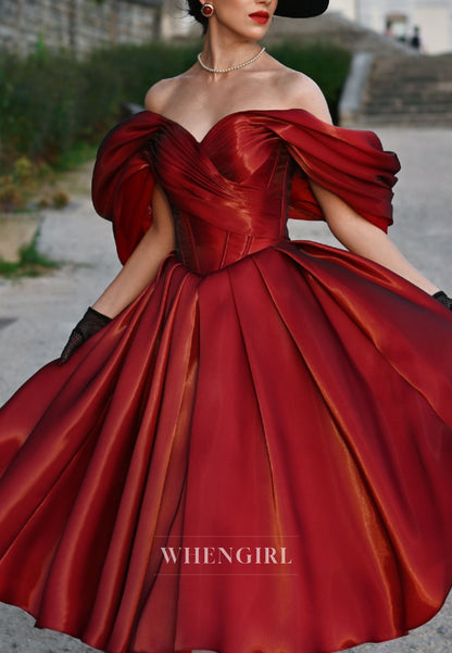 Off-the-Shoulder Pleated Tea-Length Dress