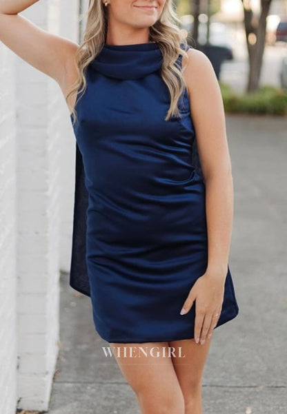Cowl Neck Satin Mini Dress with Draped Tail Sash