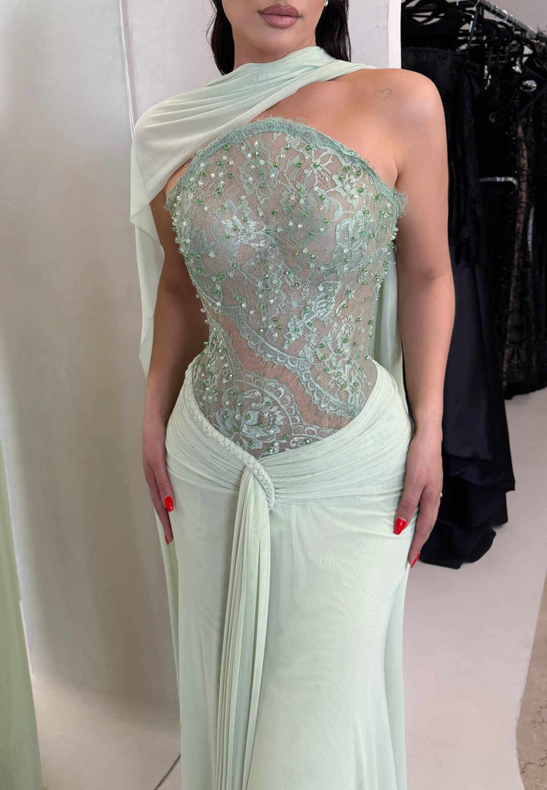 Embellished Lace Bodice Gown with Draped Cape