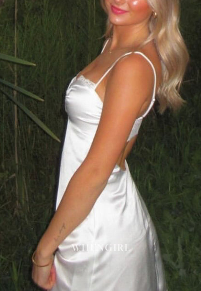 Satin Slip Mini Dress with Ruched Bust & Lace Back