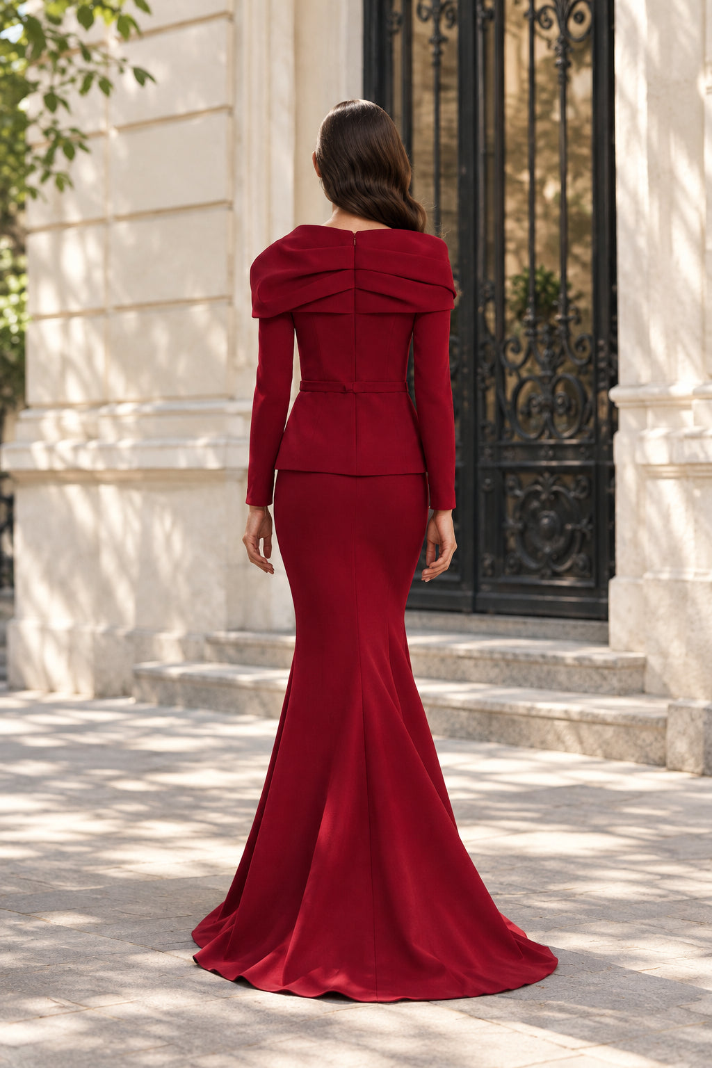 Foldover Asymmetric Peplum Gown with Long Sleeves