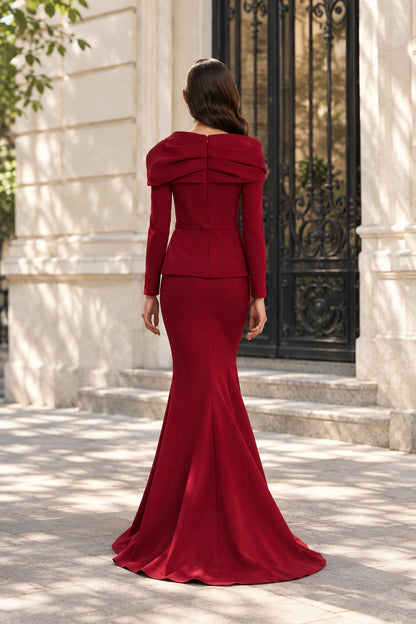 Foldover Asymmetric Peplum Gown with Long Sleeves