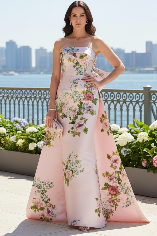 Strapless Floral Satin Column Gown with Back Bow