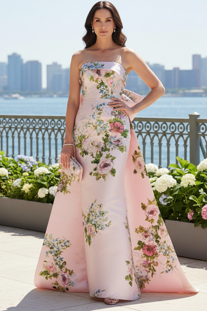 Strapless Floral Satin Column Gown with Back Bow