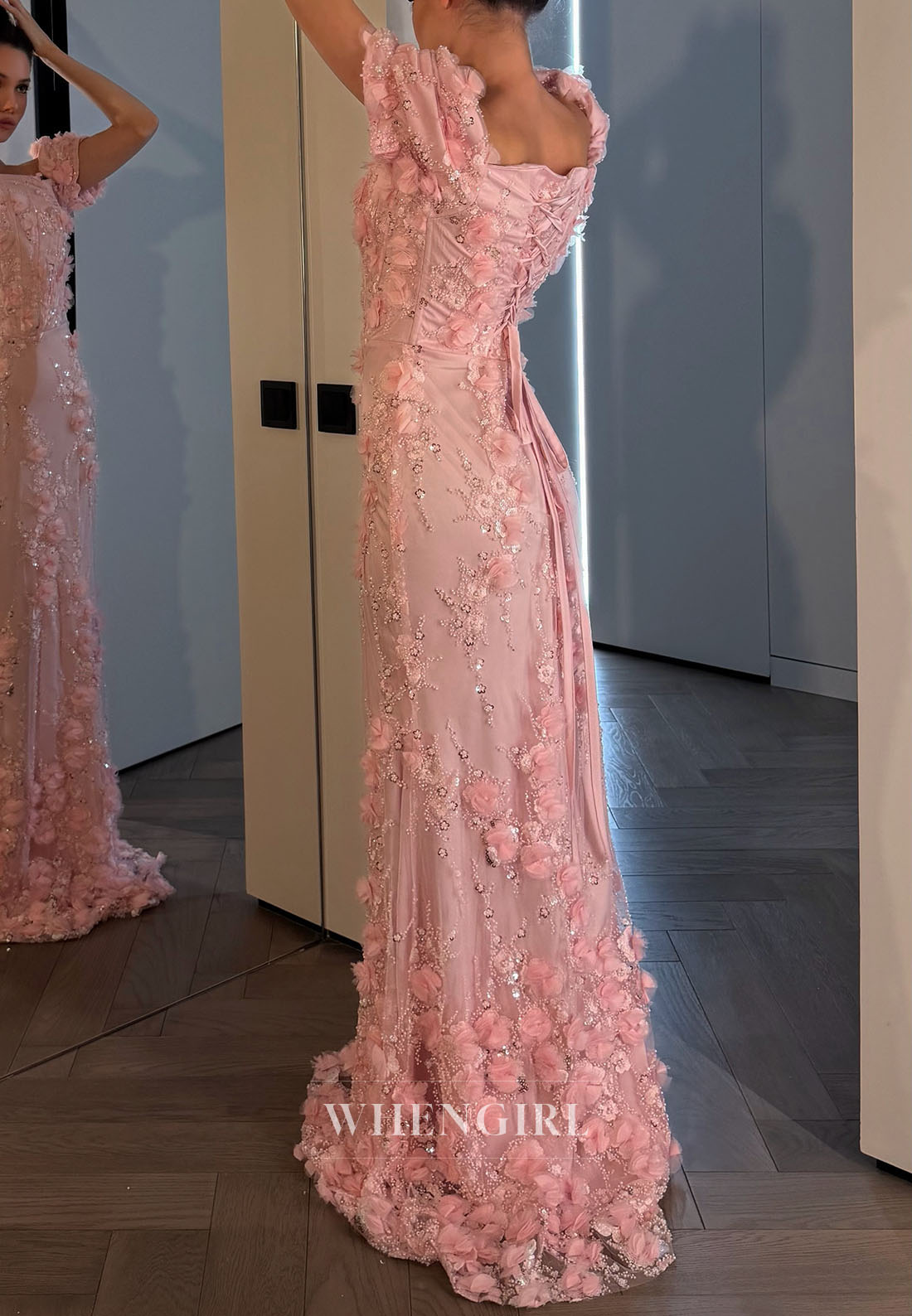 Floral Applique Corset Evening Gown