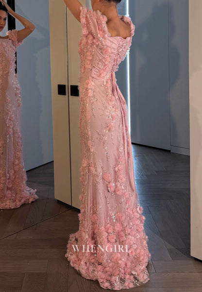 Floral Applique Corset Evening Gown