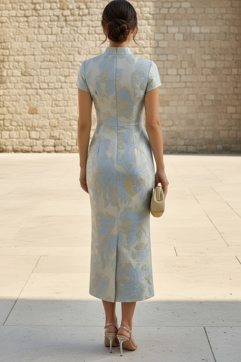 Jacquard Mandarin Collar Midi Dress