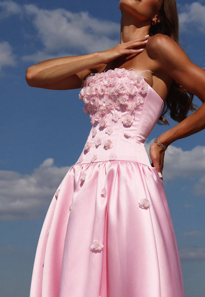Strapless 3D Floral Midi Dress with Drop Waist